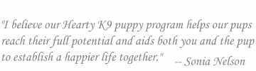 I believe our Hearty K9 puppy program helps our pups reach their full potential and aids both you and the pup to establish a happier life together. -- Sonia Nelson